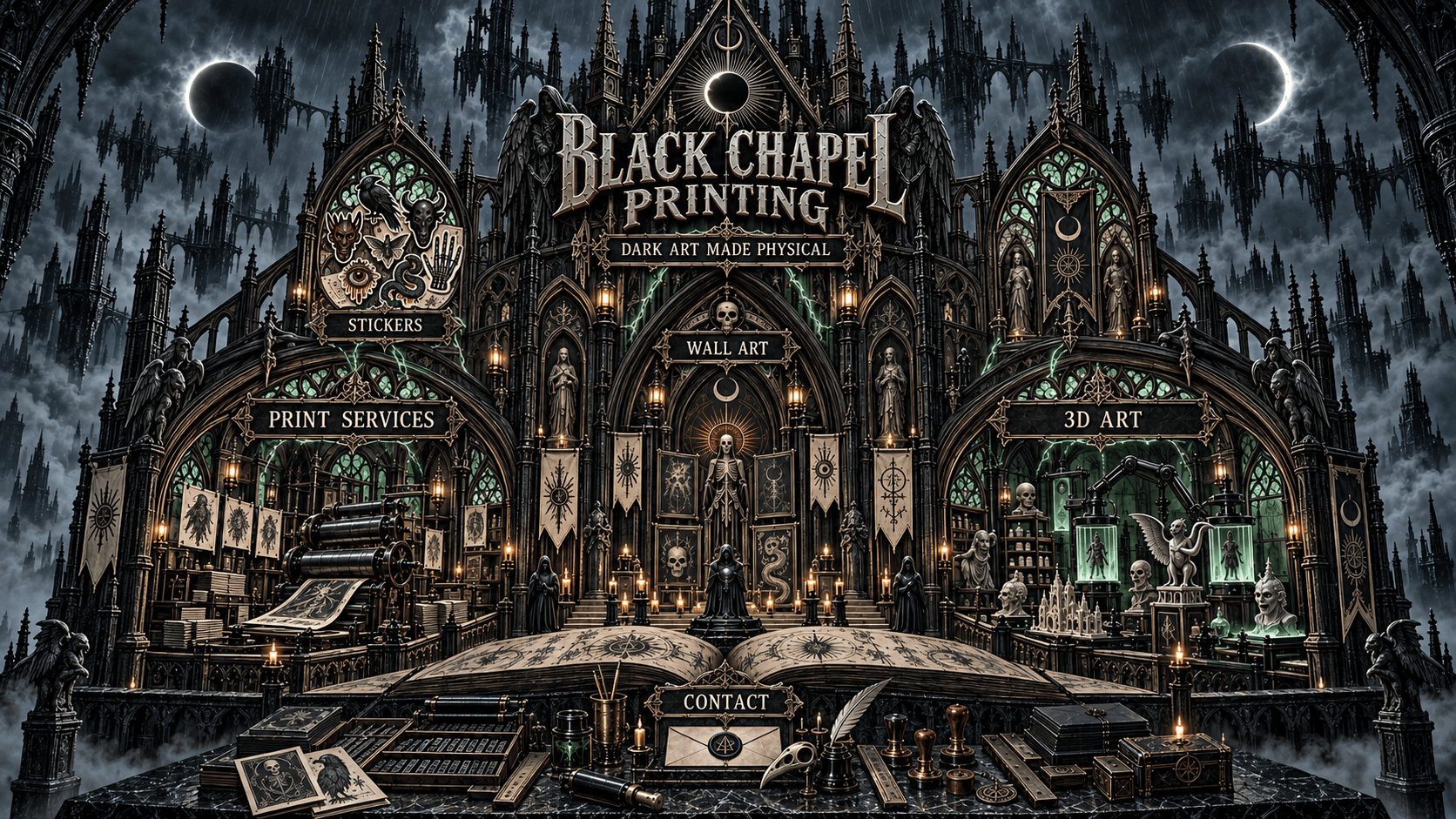 Black Chapel Printing with separate signs for stickers, print services, wall art, 3D art, and contact